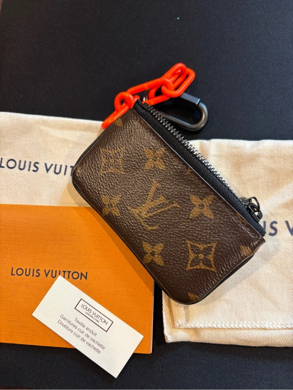 Louis Vuitton Brown Monogram Pouch with Bright Orange Chain